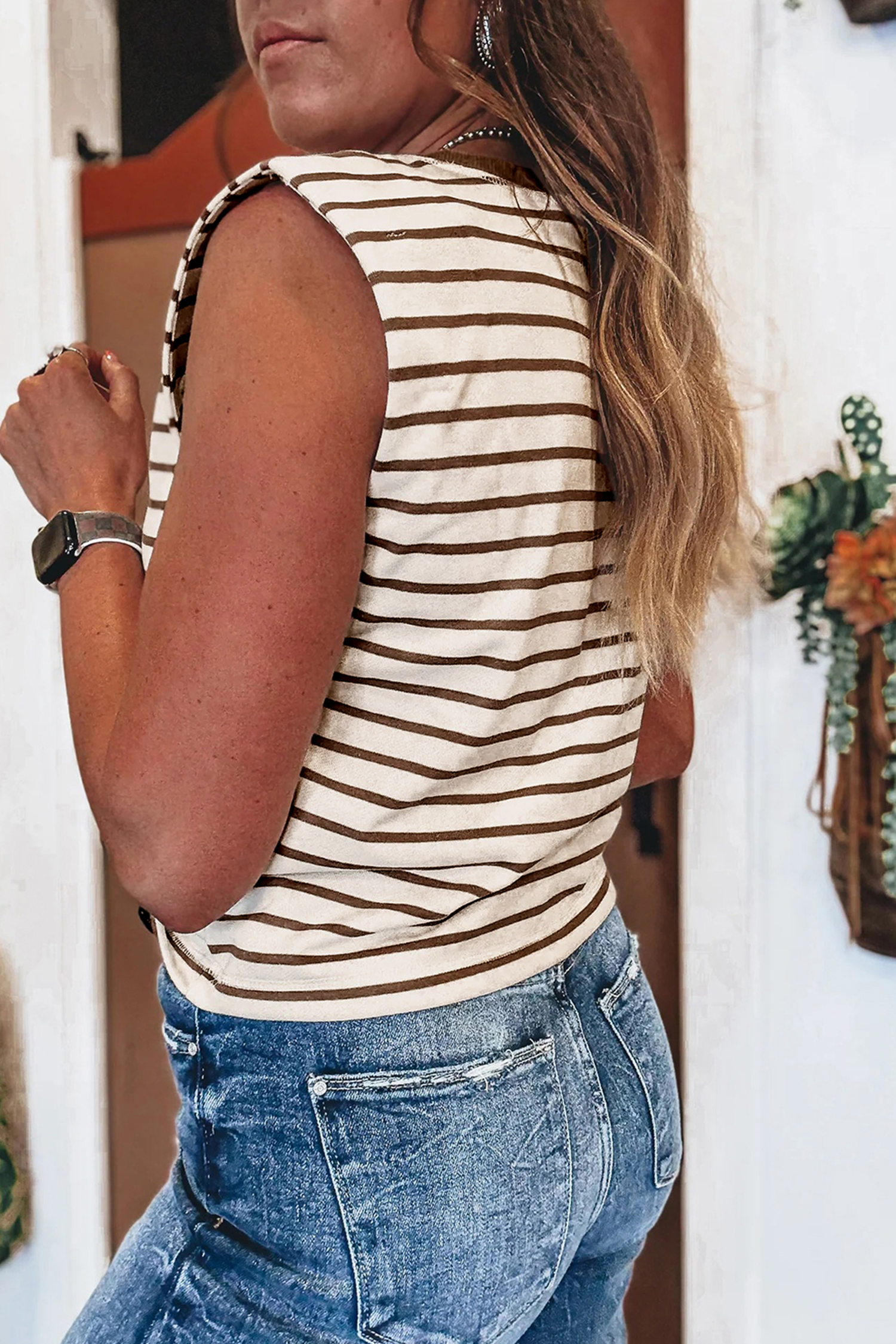 Brown Stripe Ribbed Round Neck Trim Loose Tank Top - loveforevers
