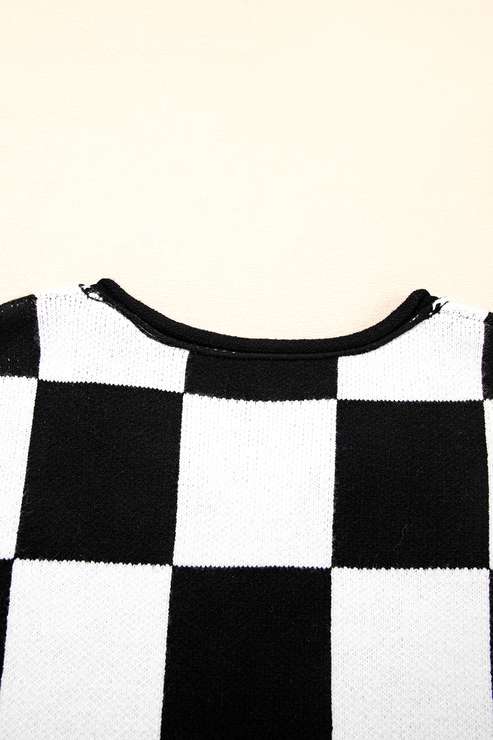 Black Checked Notched Neckline Drop Shoulder Knit Sweater - loveforevers