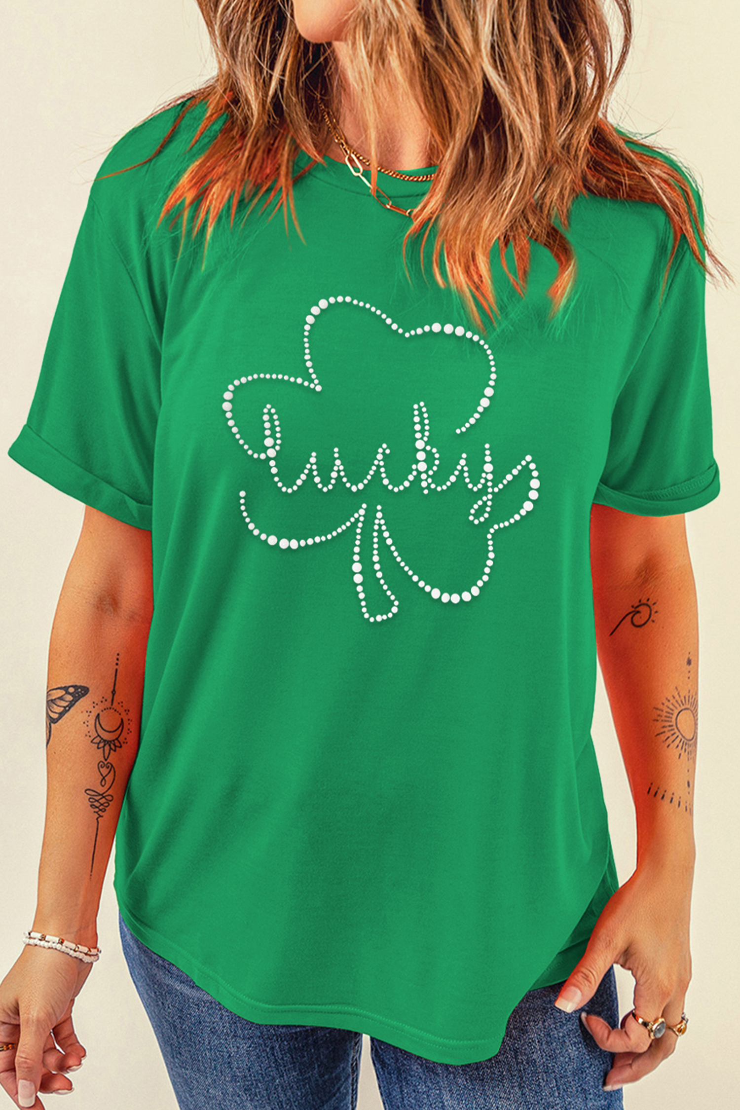 Bright Green Ceramic Rhinestone Lucky Clover Relaxed Round Neck Tee - loveforevers