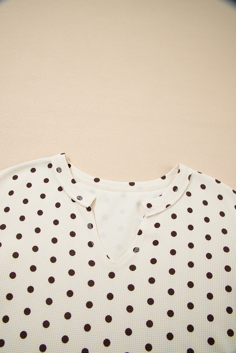 White Polka Dot Print Notched Neck Long Sleeve Top Drawstring Jogger Pants Waffle Knit Lounge Set - loveforevers