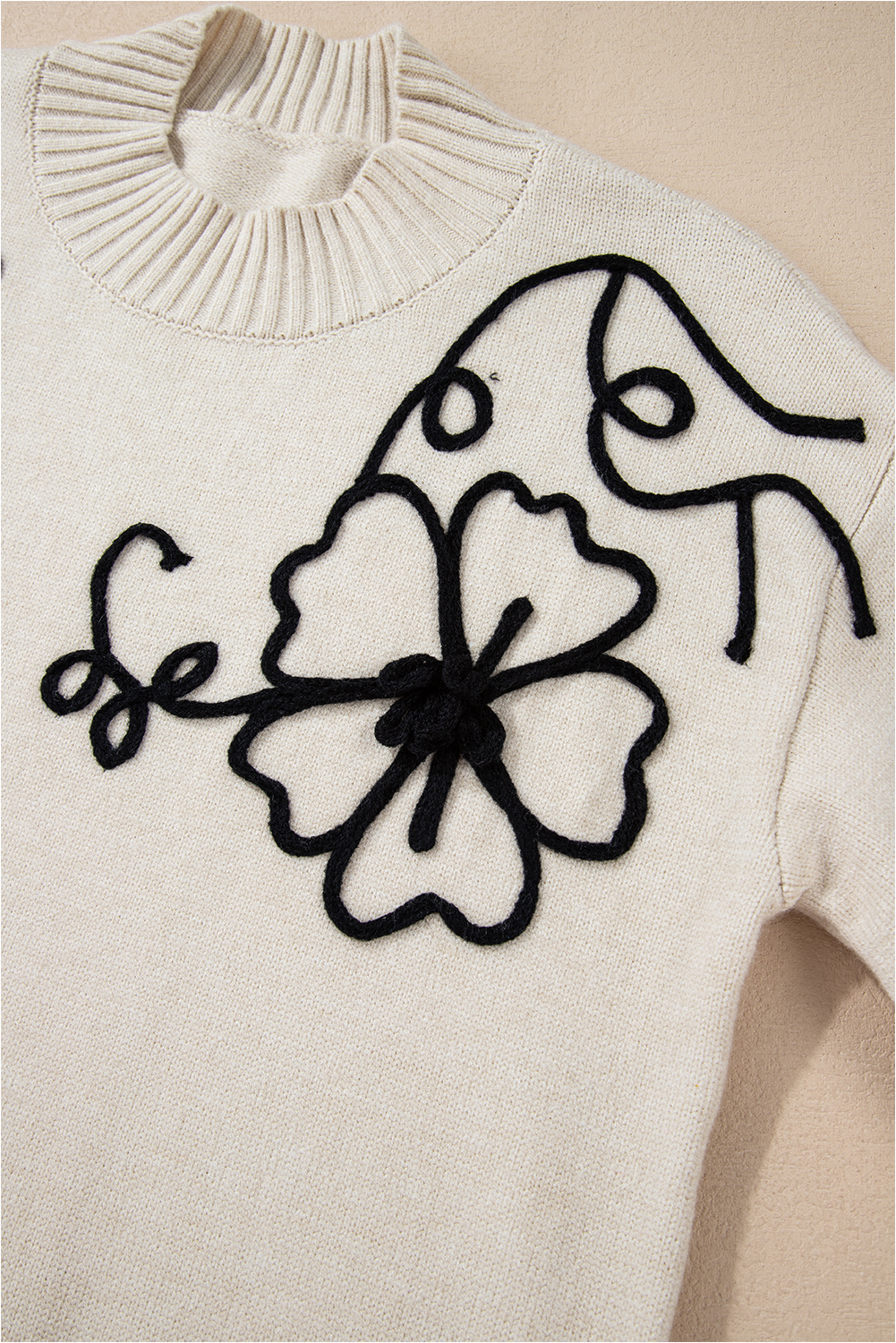 Beige Flower Stitching Mock Neck Sweater - loveforevers