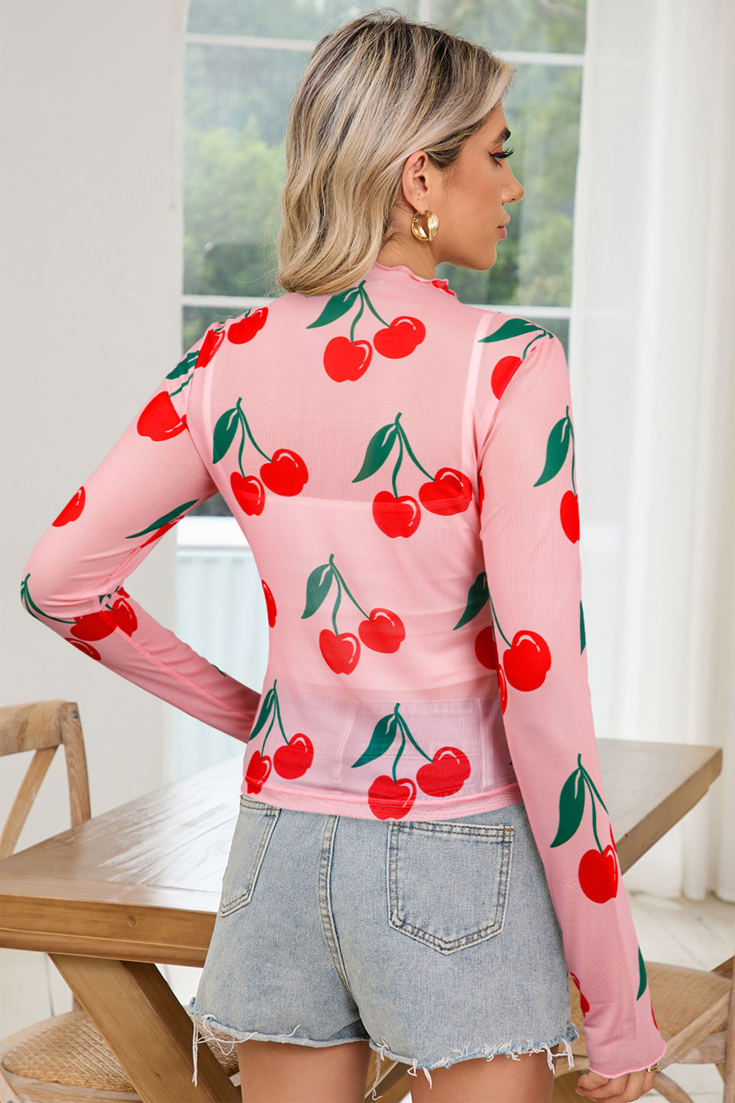 Pink Cherry Print Lettuce Trim Long Sleeve Mesh Top - loveforevers
