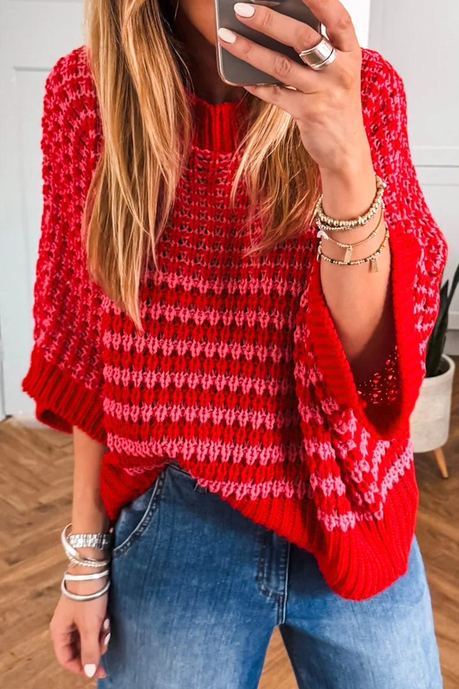 Black Stripe 3/4 Draped Sleeve Slouchy Sweater - loveforevers