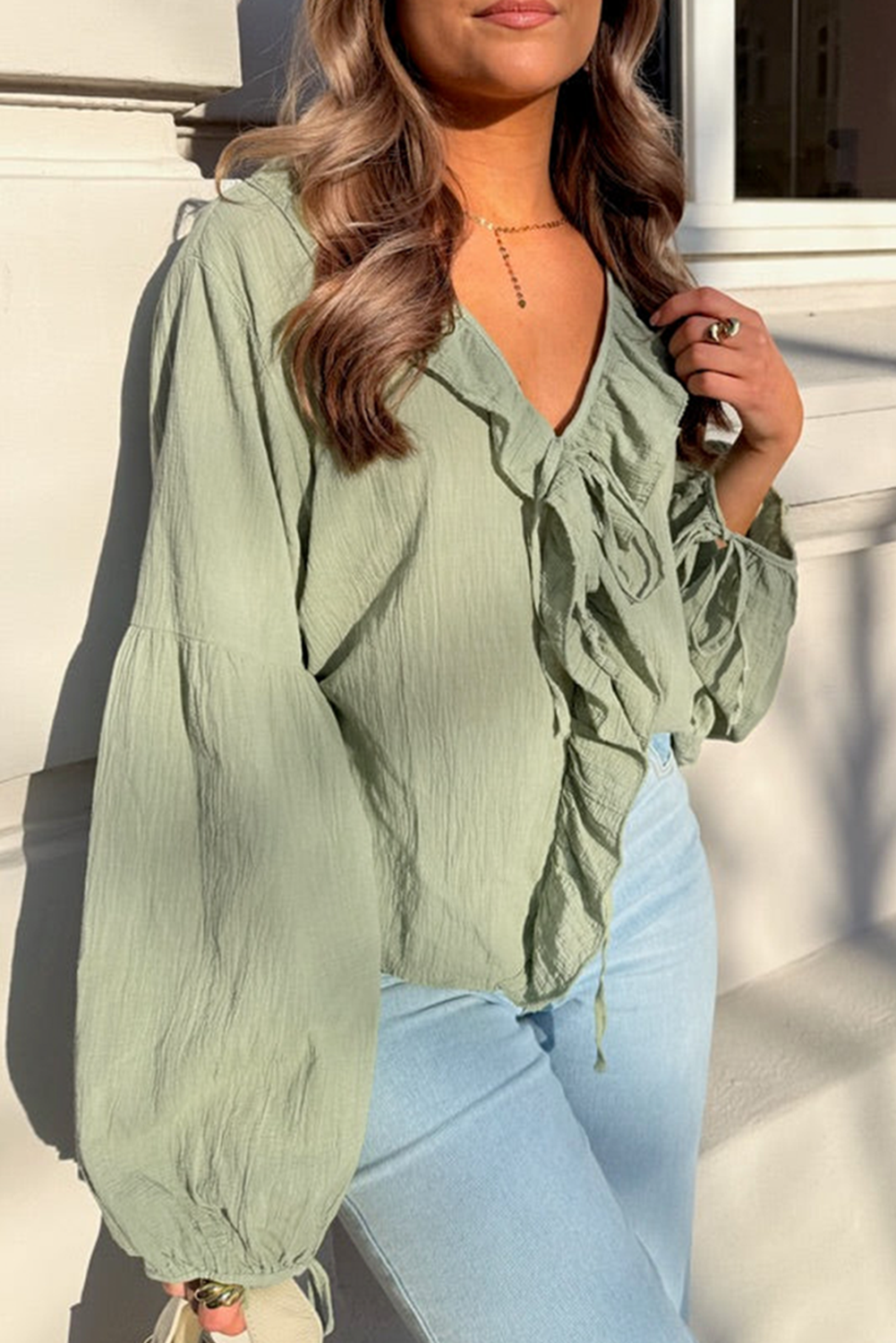 Meadow Mist Green Bow Tie Front Ruffle Trim V Neck Long Sleeve Gauze Blouse - loveforevers