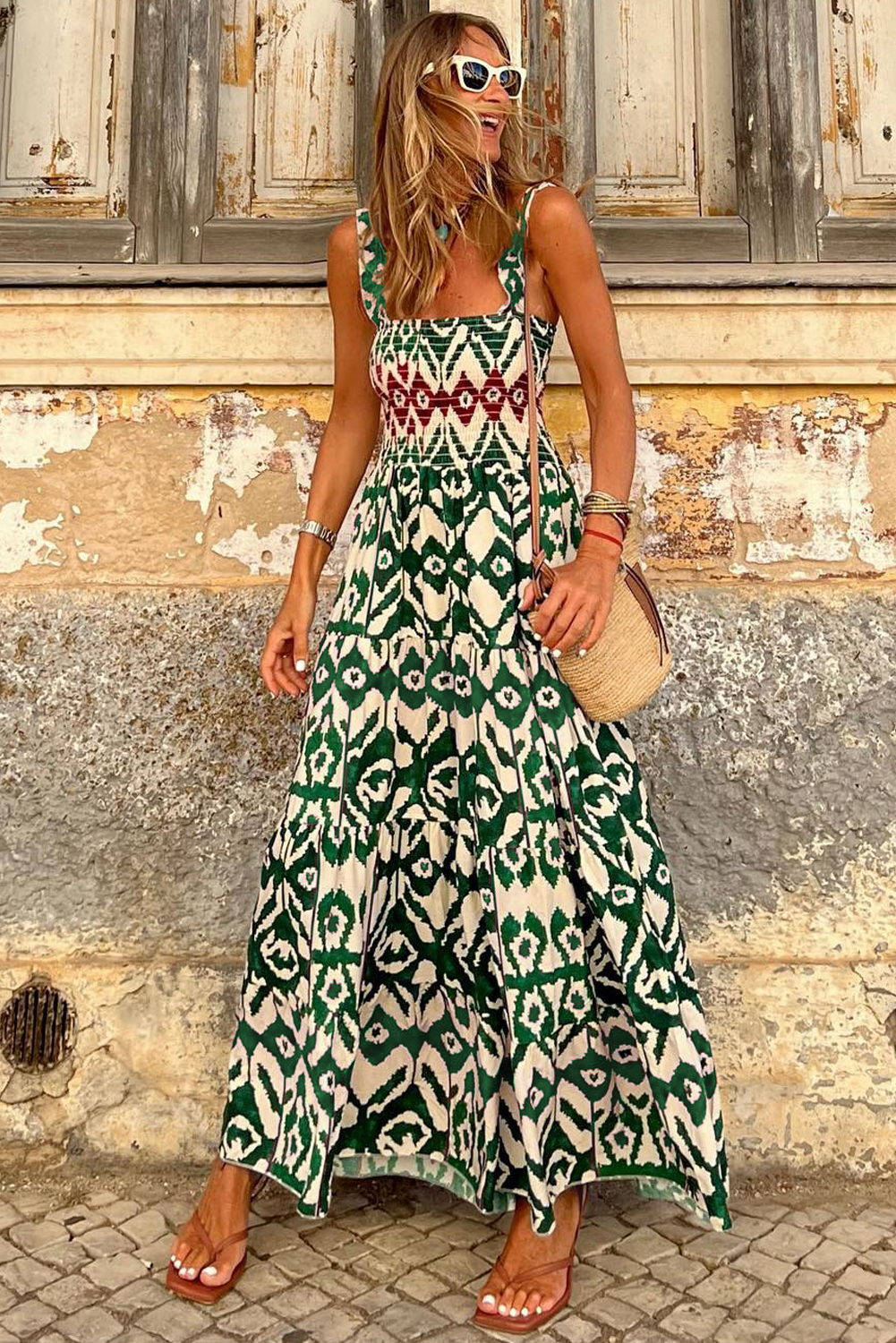 Green Western Aztec Shirred A-line Sleeveless Maxi Dress - loveforevers