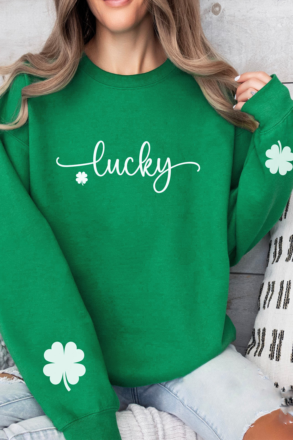 Dark Green Lucky Four Leaf Clover Graphic St Patricks Pullover Sweatshirt - loveforevers