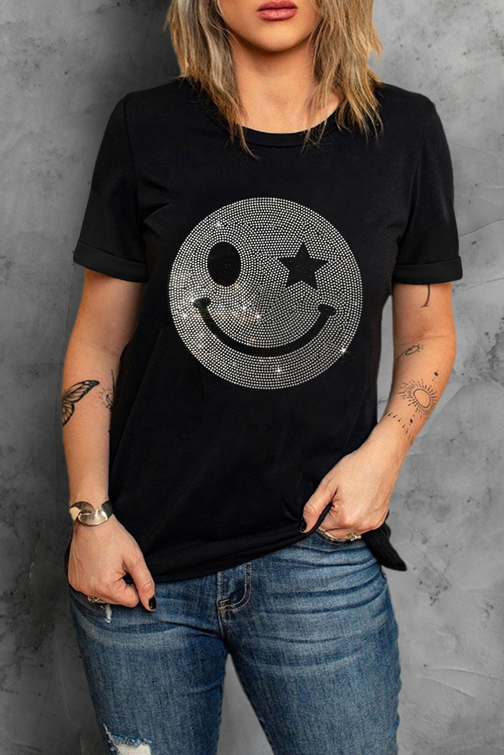 Black Sparkle Rhinestone Smile Face Graphic T Shirt - loveforevers