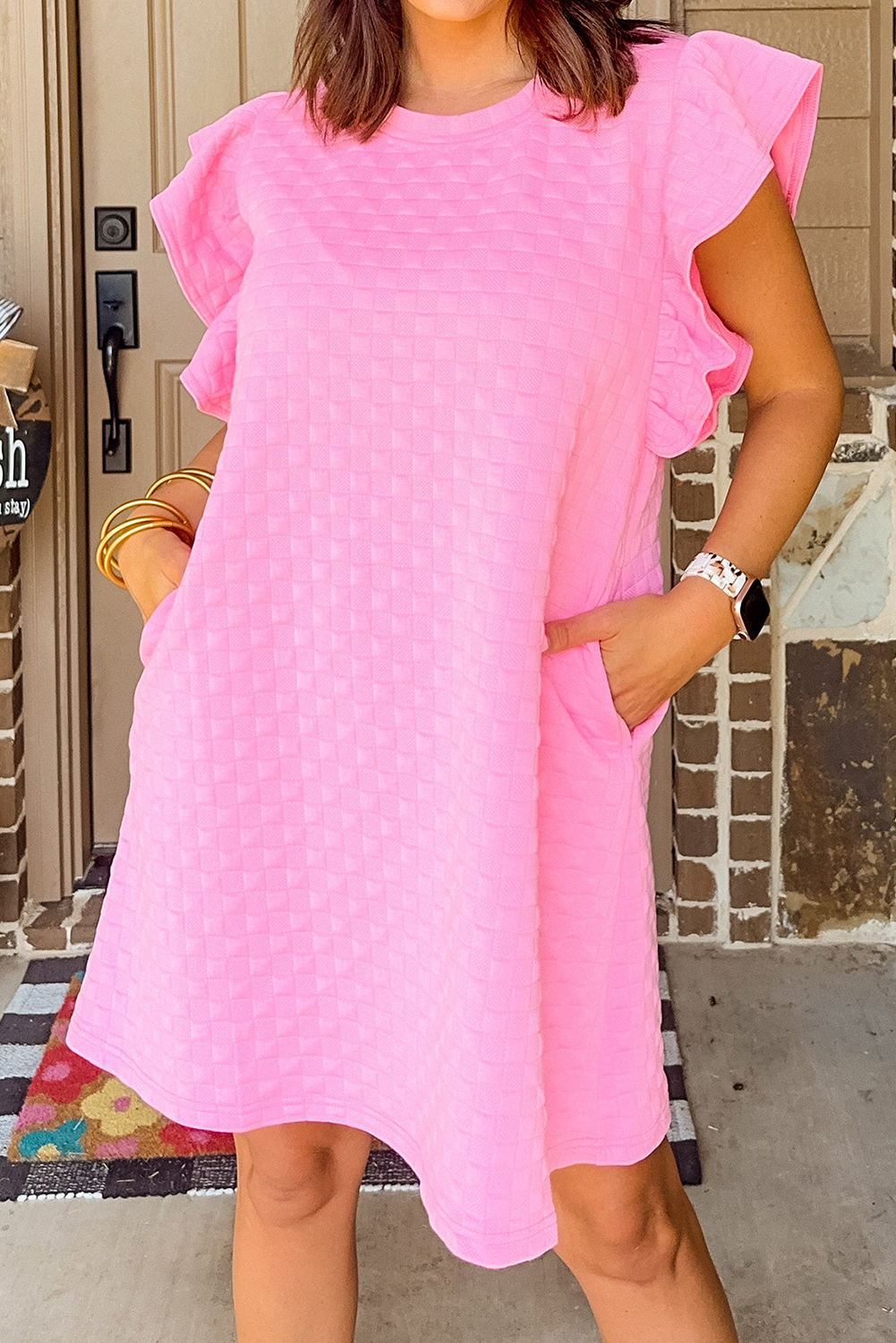 Pink Textured Ruffled Sleeve Shift Summer Dress with Pockets - loveforevers