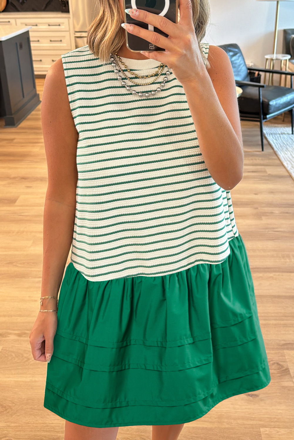 Green Stripe Woven Ruffled Sleeveless Mini Dress - loveforevers