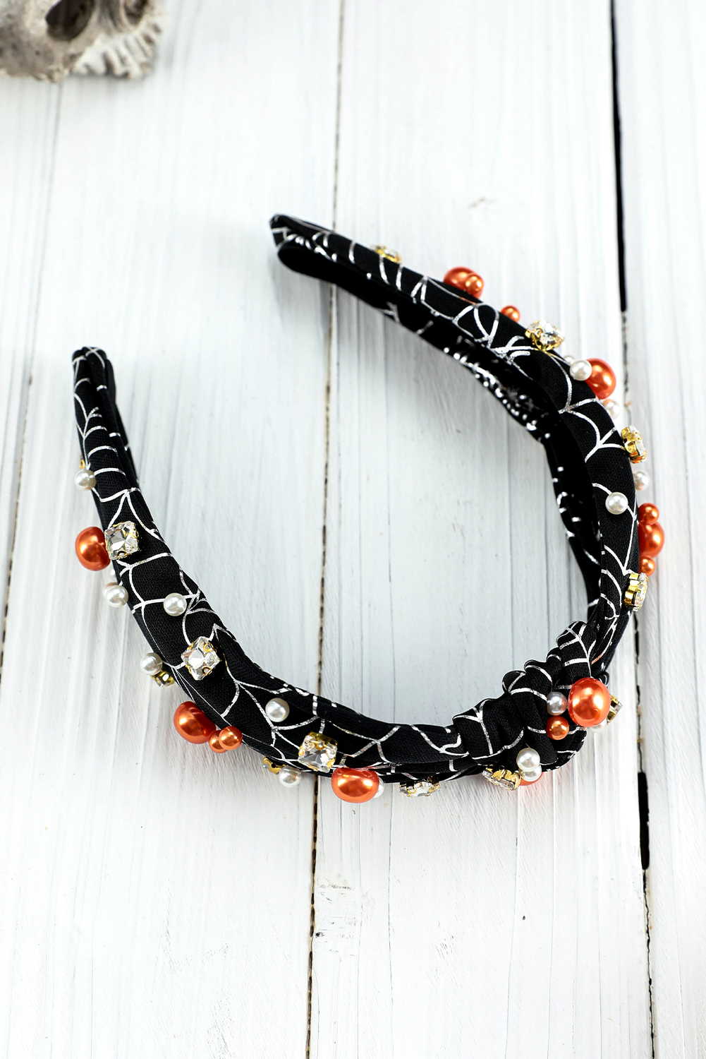 Black Pearled Rhinestone Knotted Spiderweb Halloween Headband - loveforevers