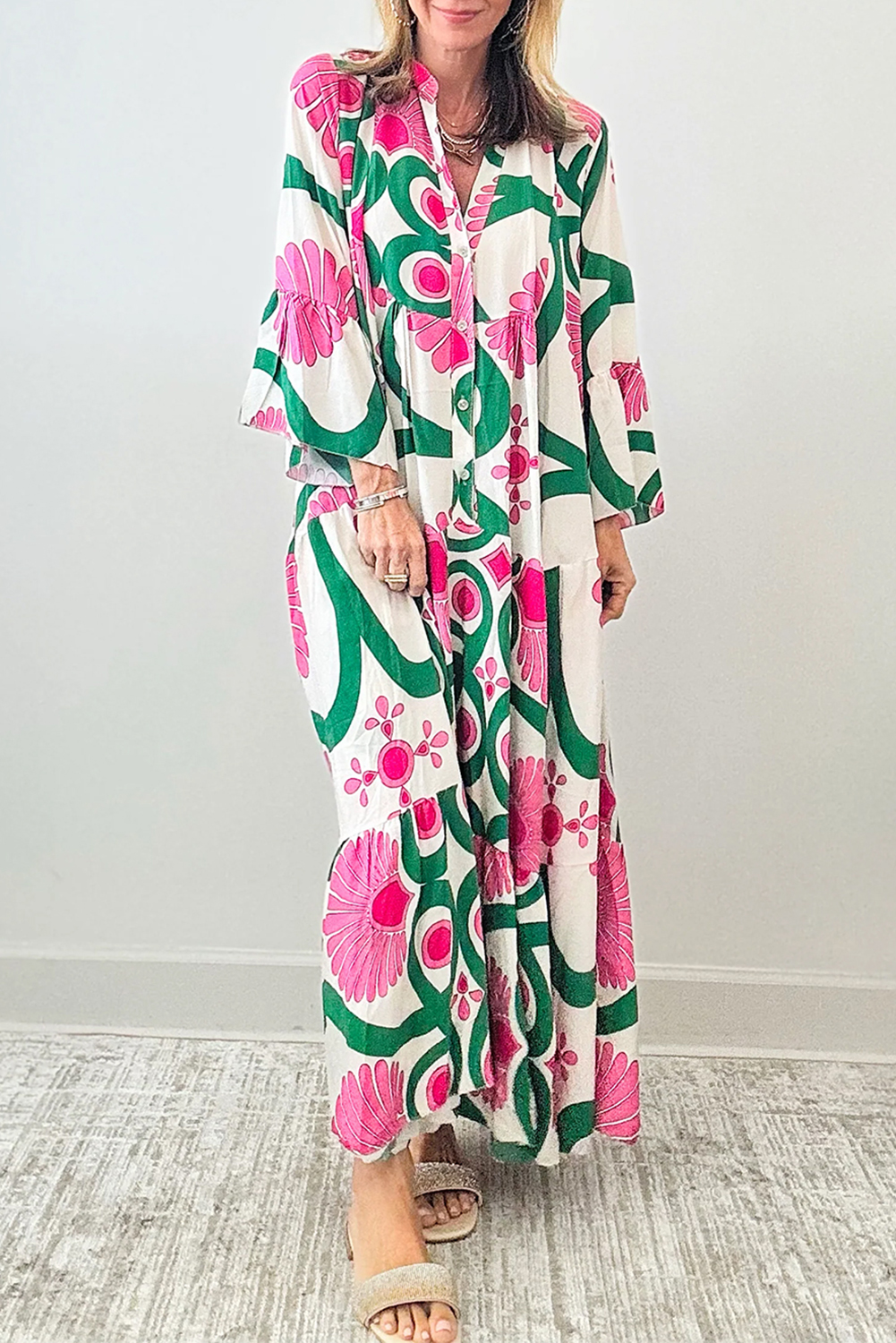 Pink Boho Floral Printed Long Sleeve Buttoned Loose Maxi Dress - loveforevers