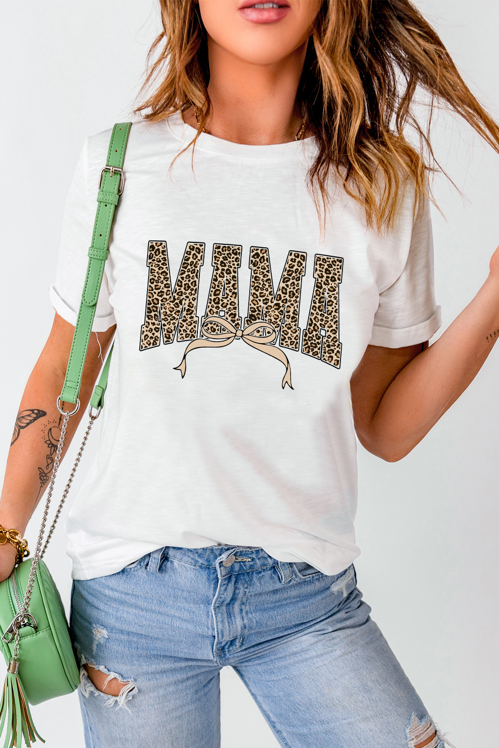 White Leopard Bow MAMA Graphic Crew Neck T Shirt - loveforevers
