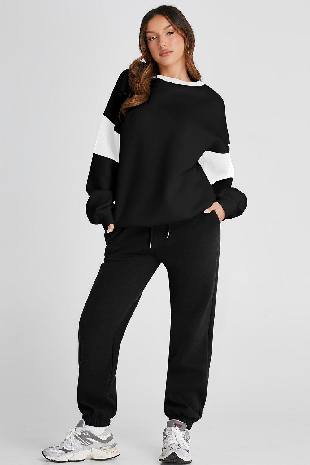 Black Drop Shoulder Loose Sweatshirt and Joggers Active Set - loveforevers