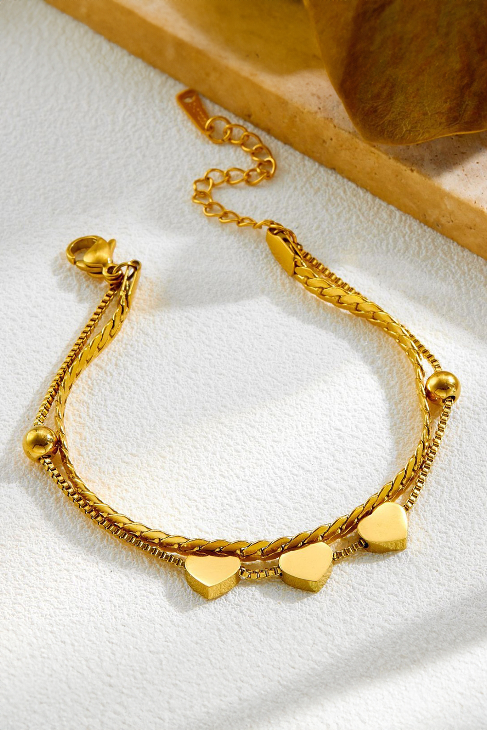 Gold Triple Heart Double Layer Adjustable Chain Bracelet - loveforevers