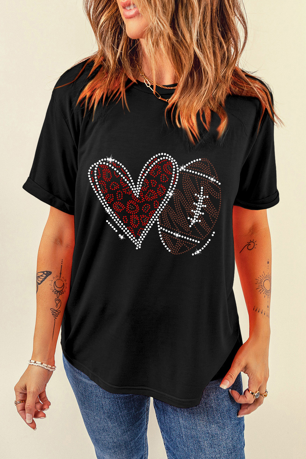 Black Rhinestone Rugby Football Heart Shape Graphic T Shirt - loveforevers