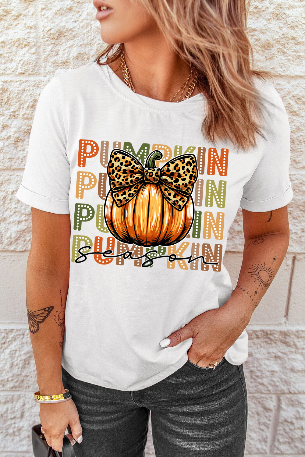 White PUMPKIN Season Leopard Bow Print Crew Neck T Shirt - loveforevers