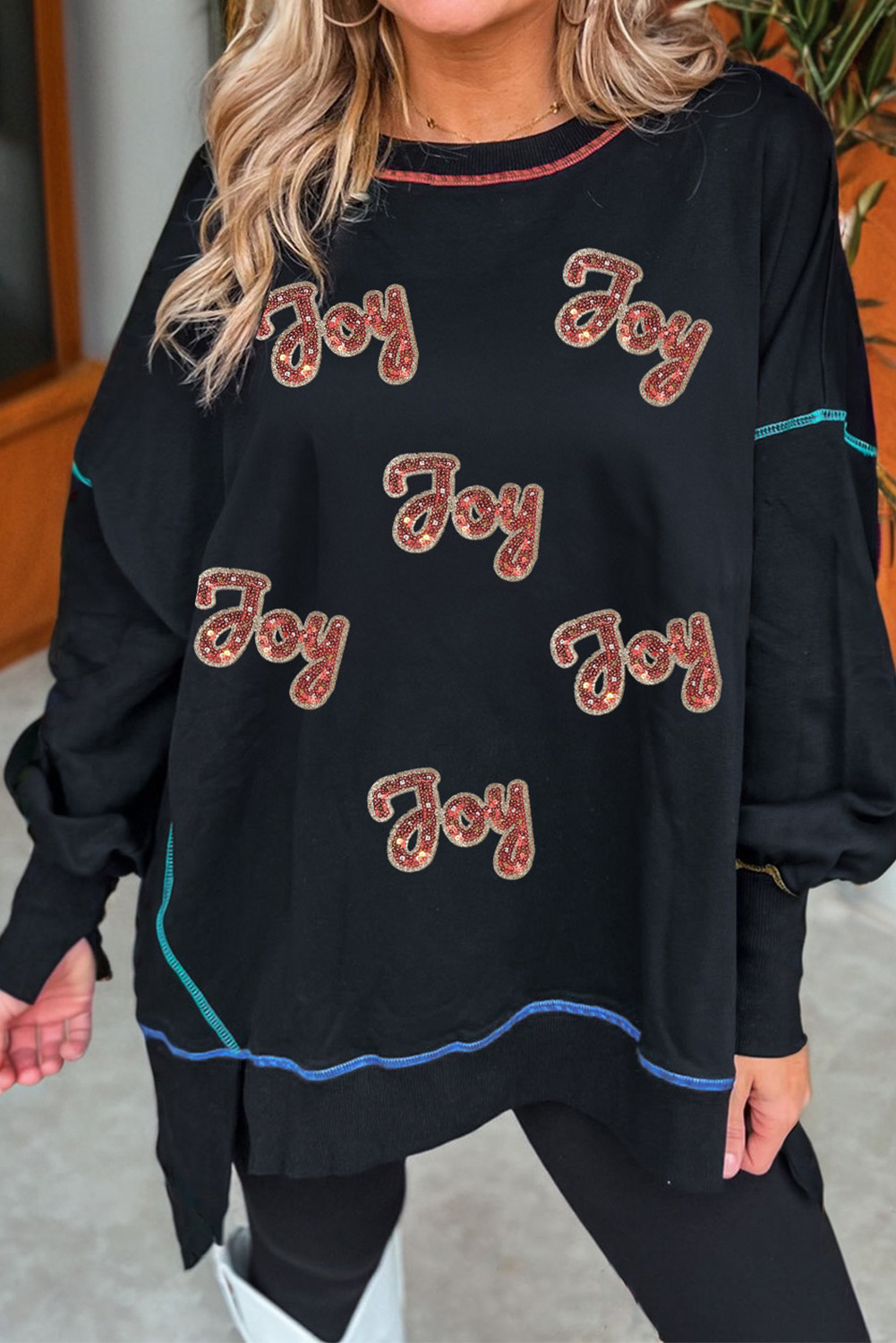 Black Sequin Joy Letter Graphic Contrast Seam Detail Drop Shoulder Sweatshirt - loveforevers