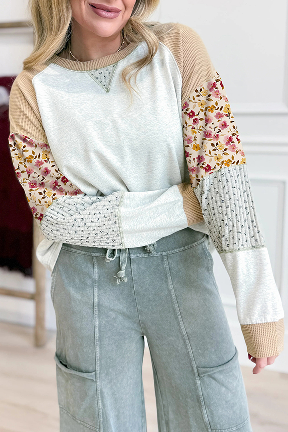 Light Grey Mixed Print Raglan Sleeve Patchwork Exposed Seam Pullover Top - loveforevers