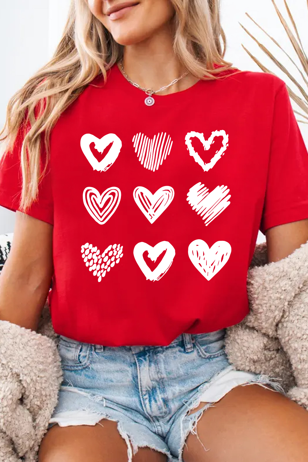 Red Diverse Heart Printed Crewneck Valentines Tee - loveforevers