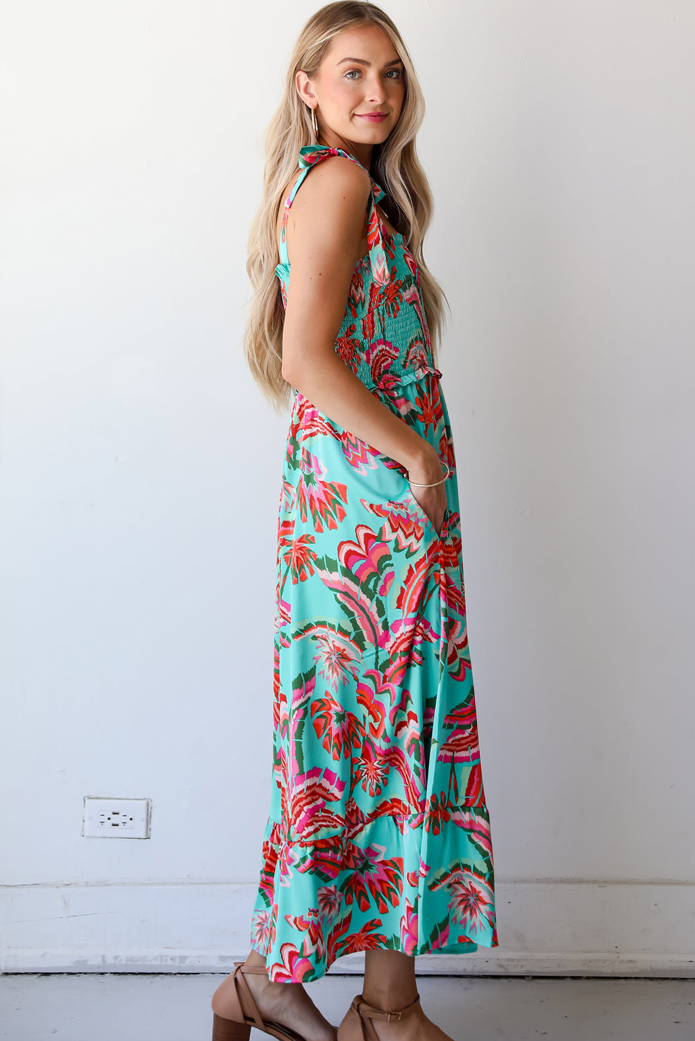 Green Abstract Print Smocked Bodice Knotted Straps Ruffled Maxi Dress - loveforevers