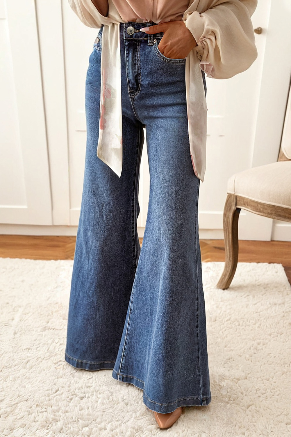 Dirty blue High Waist Button Zip Fly Bell Bottom Jeans - loveforevers