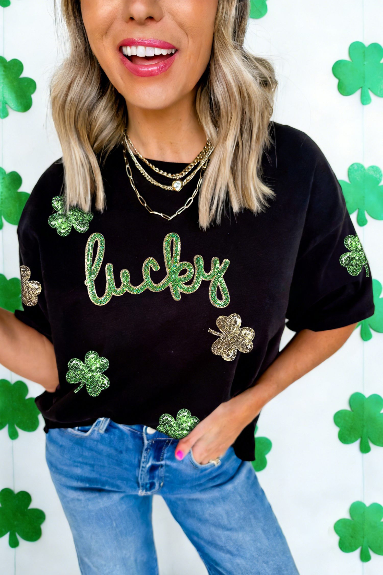 Black Lucky Sequin Shamrock Irish Festive Graphic Tee - loveforevers