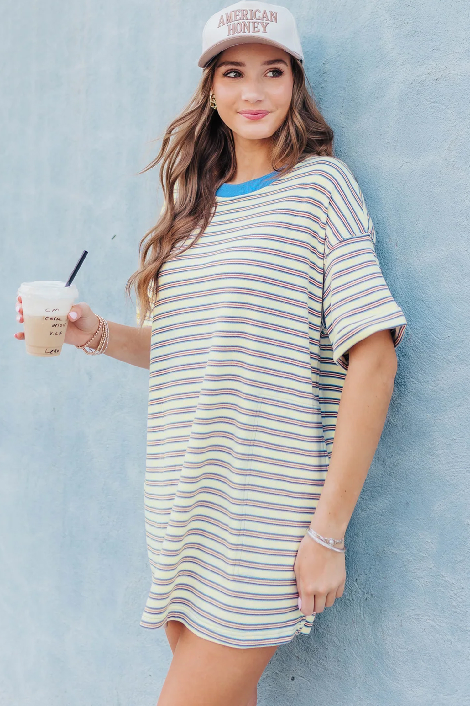 White Stripe Drop Shoulder Cuffed Sleeve Loose Tunic T Shirt Mini Dress - loveforevers