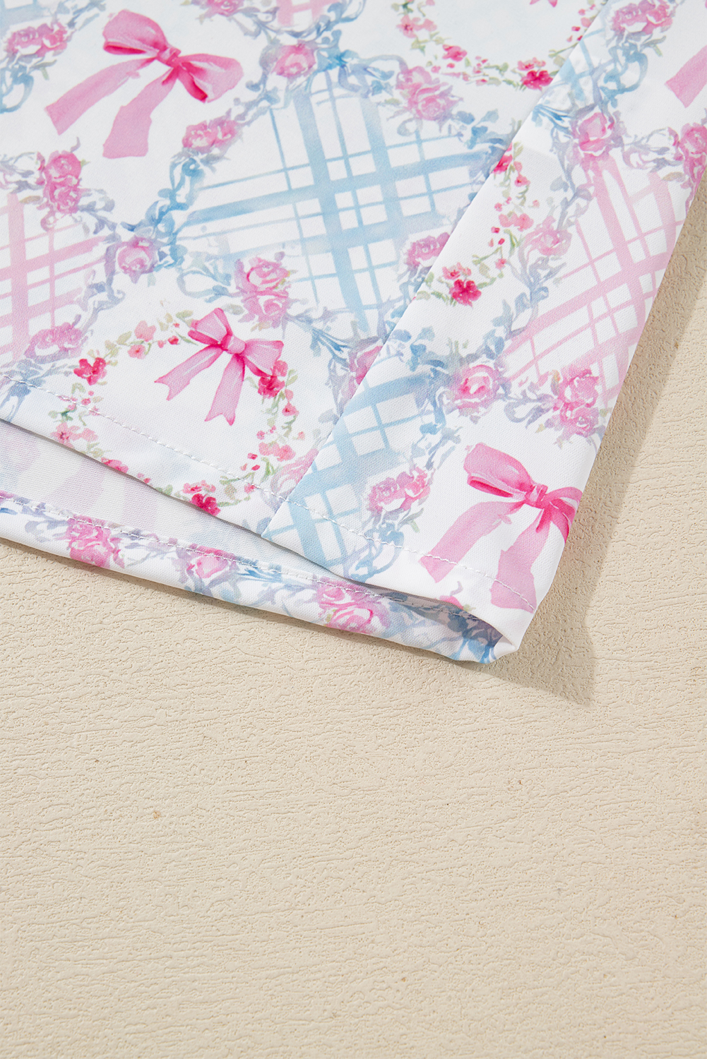 Pink Bow Wreath Pattern Christmas Holiday Tied Front Long Sleeve 2pcs Pajama Set - loveforevers