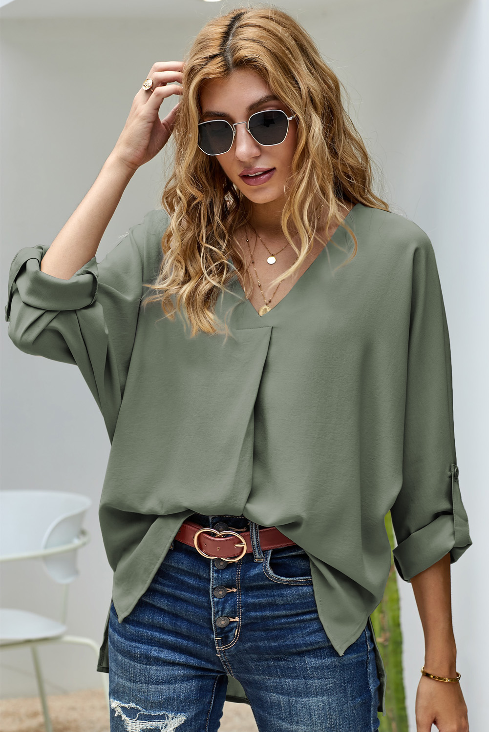 Green V Neck 3/4 Sleeve High Low Hem Shirt - loveforevers