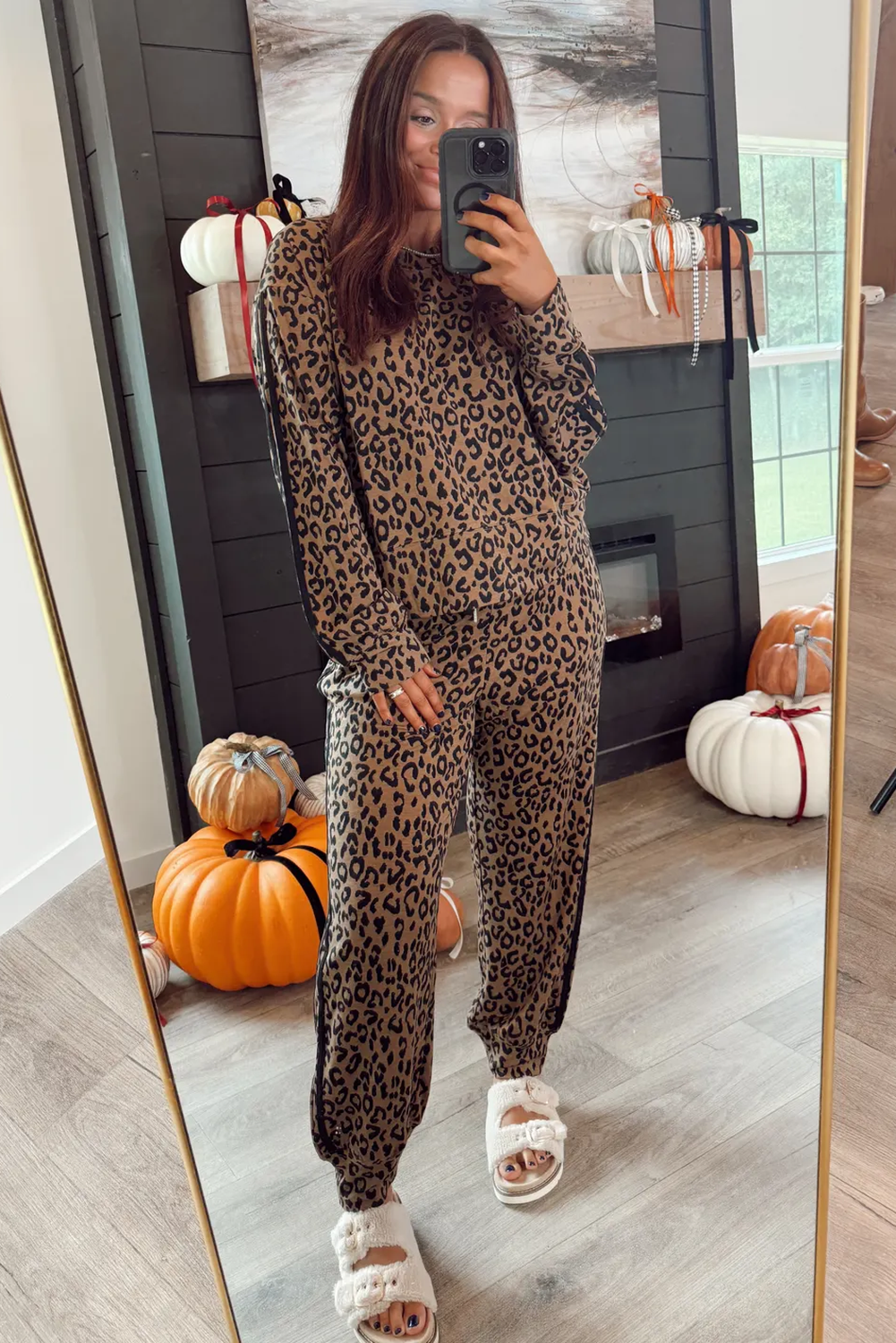 Brown Varsity Striped Trim Leopard Long Sleeve Top Drawstring Pant Set - loveforevers