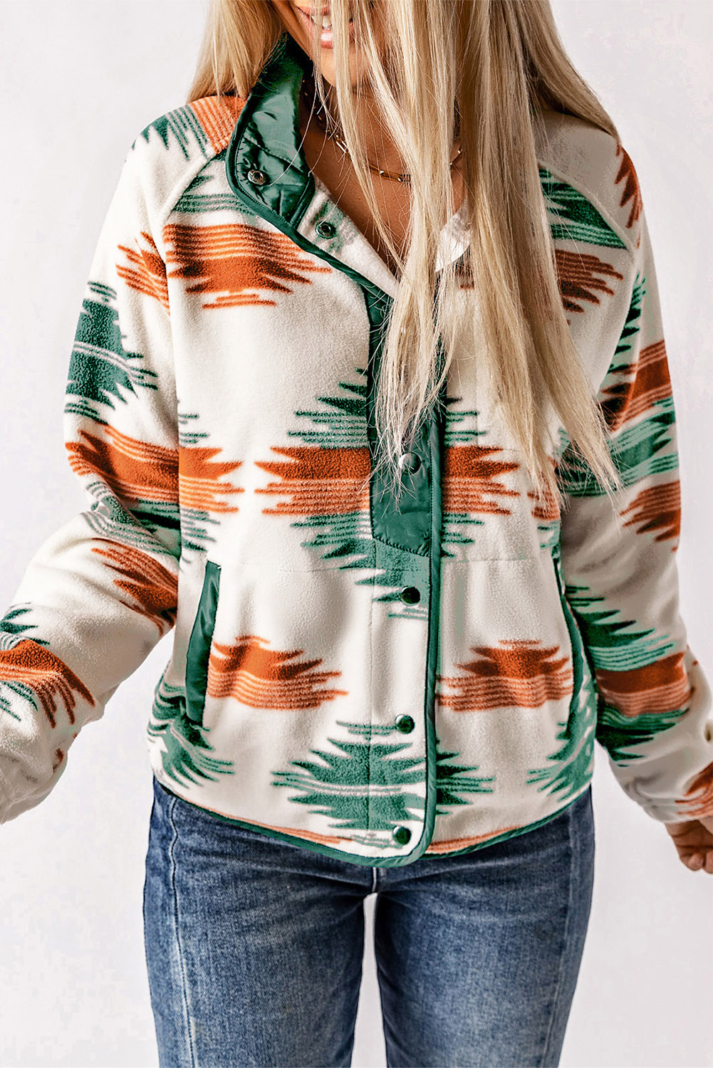 Multicolour Western Aztec Snap Buttoned Fleece Jacket - loveforevers