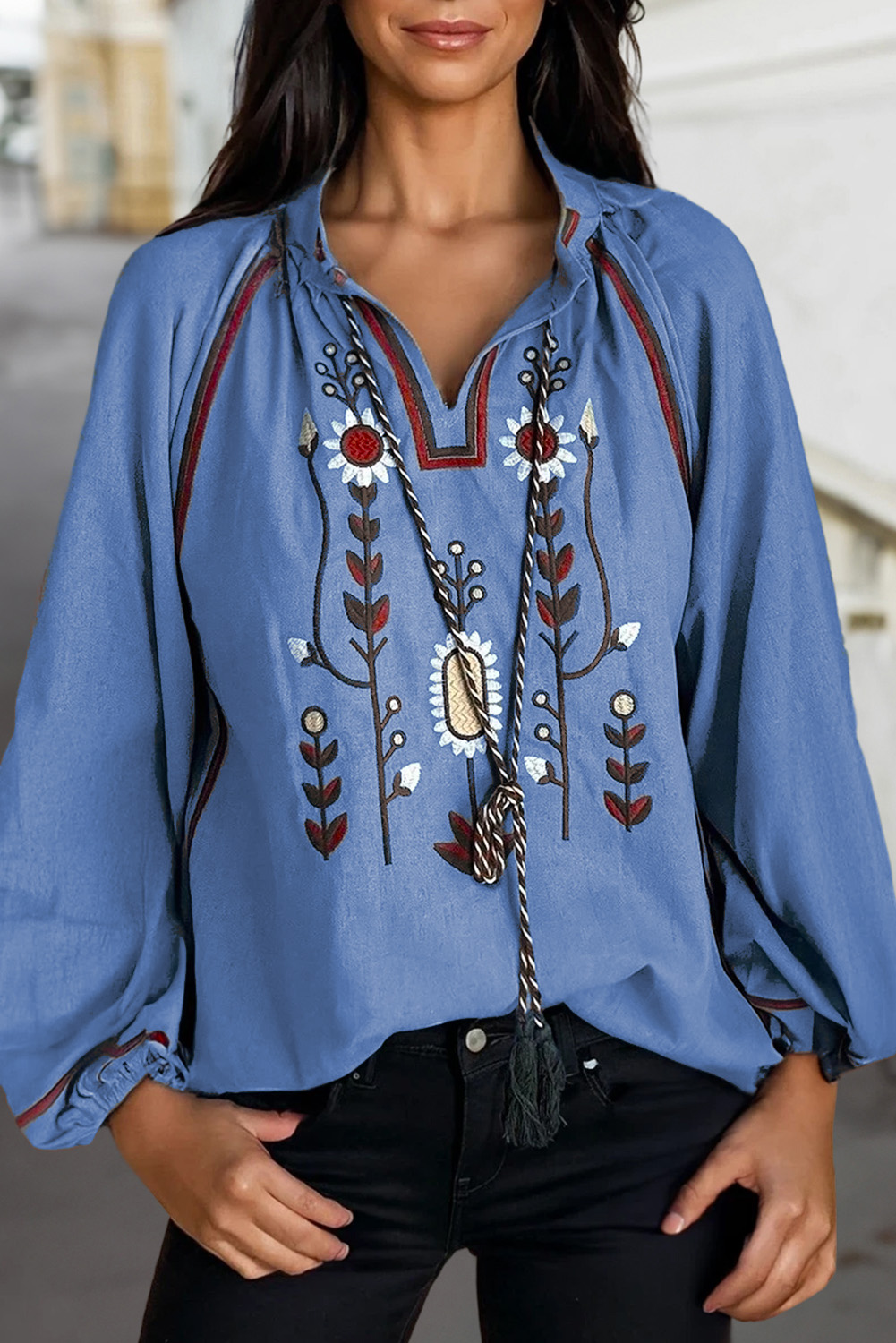 Real Teal Floral Embroidered Split Neck Tassel Tie Puff Sleeve Blouse - loveforevers
