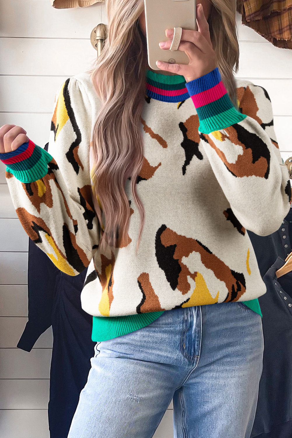 Apricot Contrast Ribbed Stripes Detail Animal Pattern Knit Sweater - loveforevers