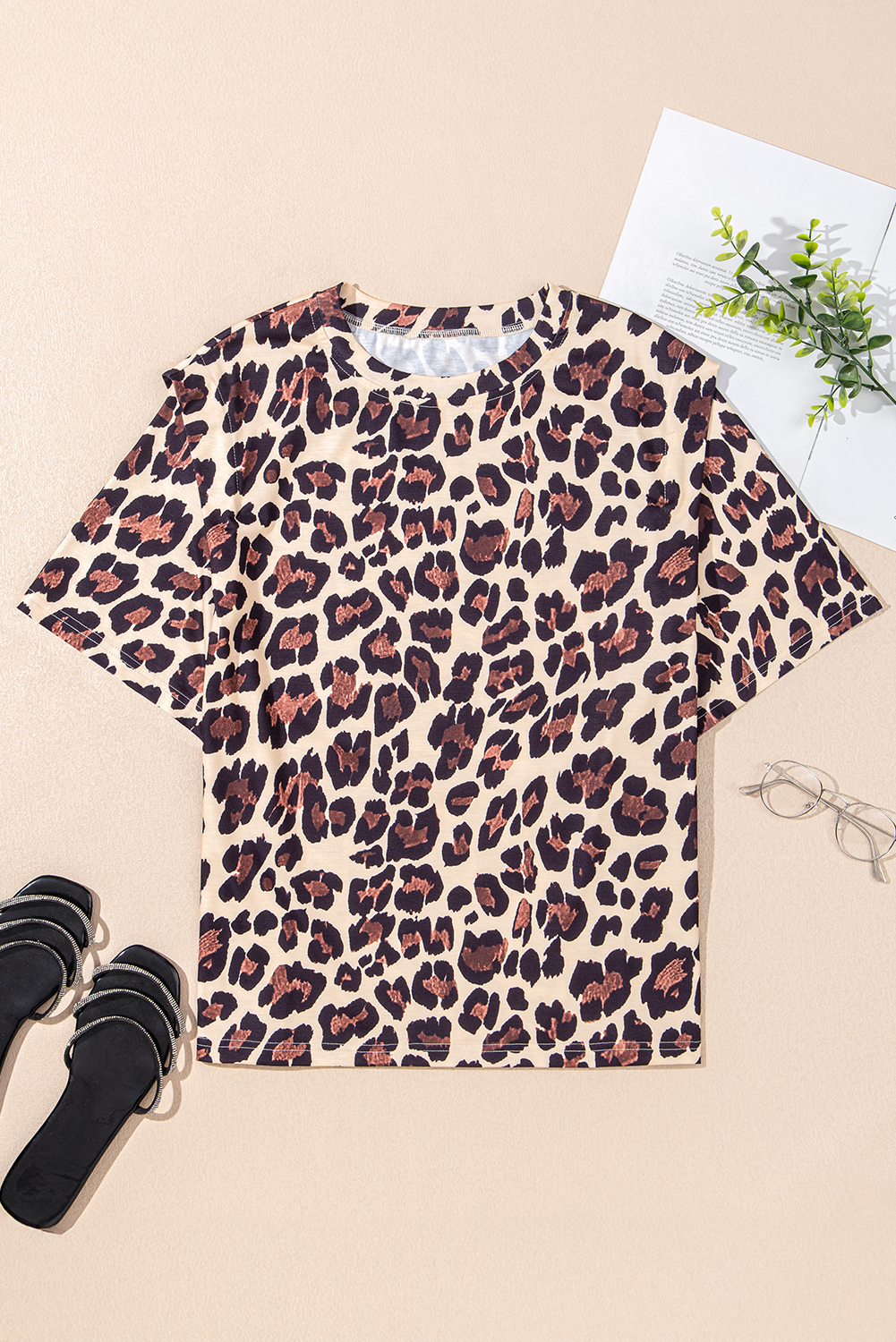 Khaki Cheetah Print Round Neck Loose Fit T Shirt - loveforevers