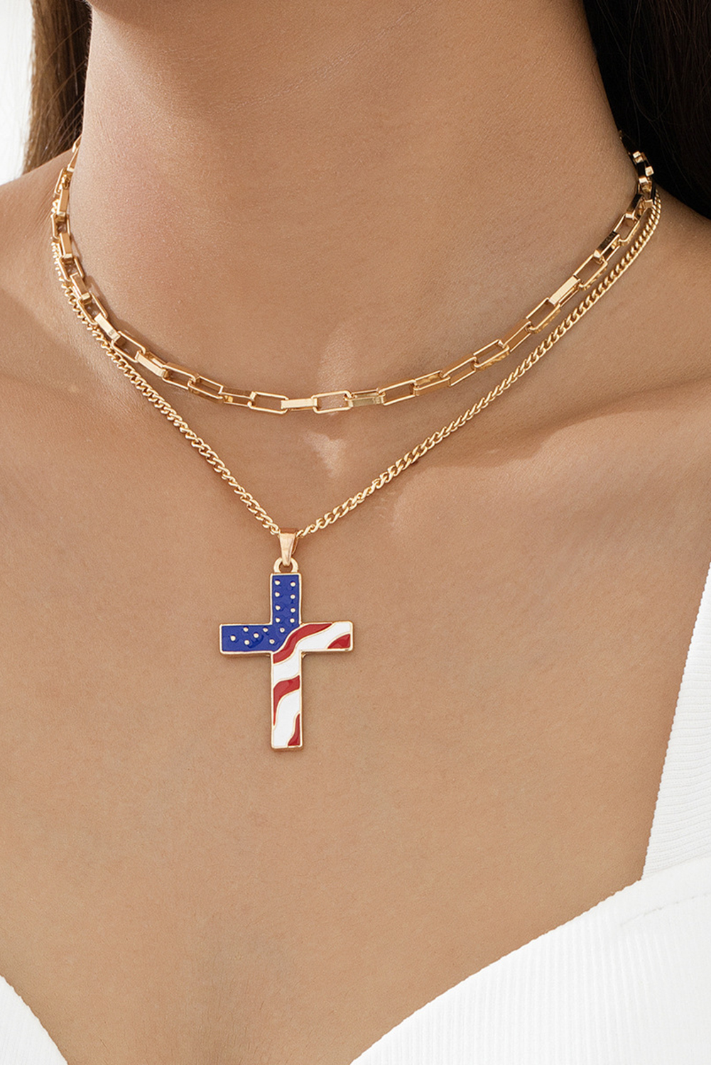Gold Plated Double Chain Stars and Stripes Cross Pendent Necklace - loveforevers