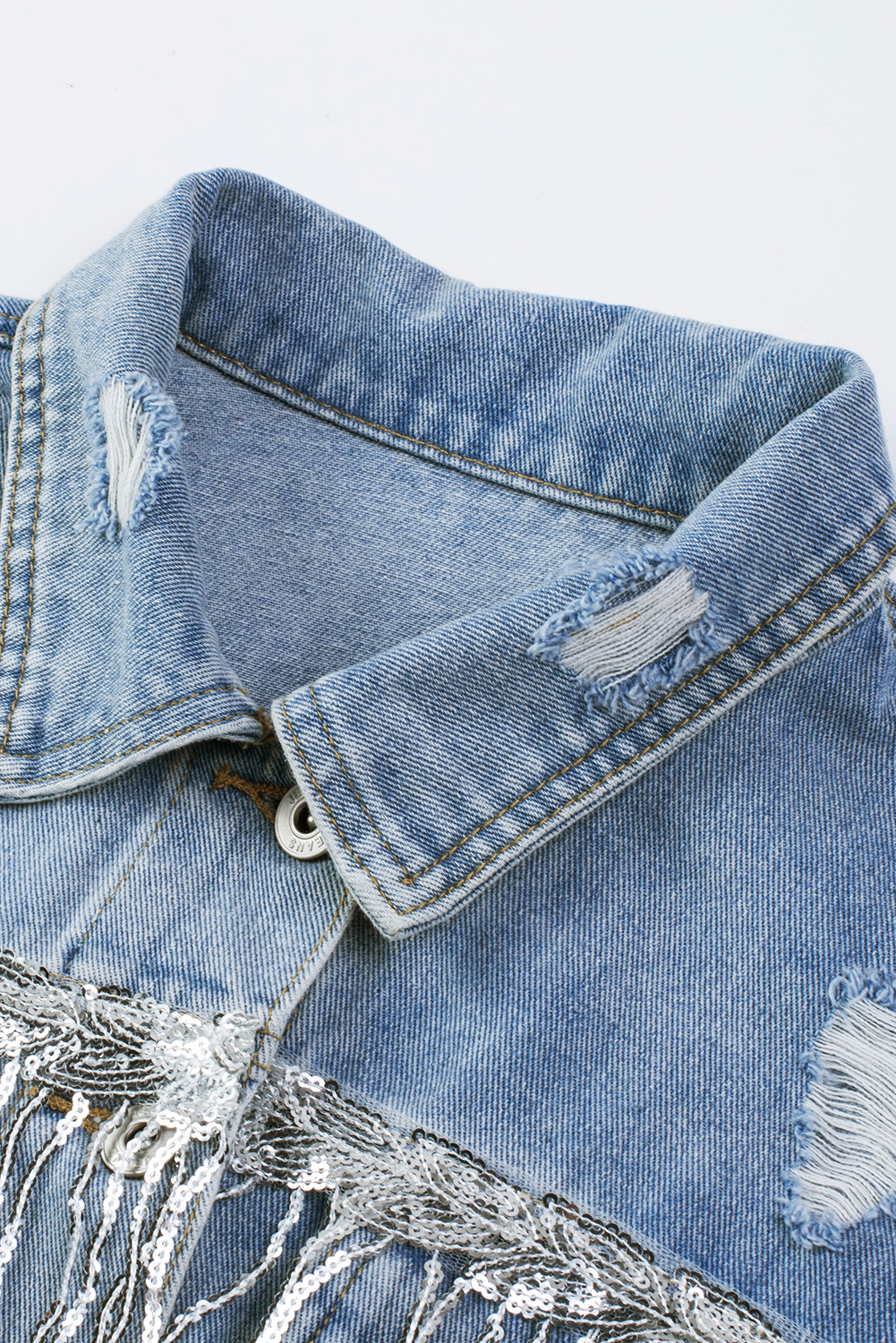 Sky Blue Sequin Embellished Fringe Distressed Denim Jacket - loveforevers