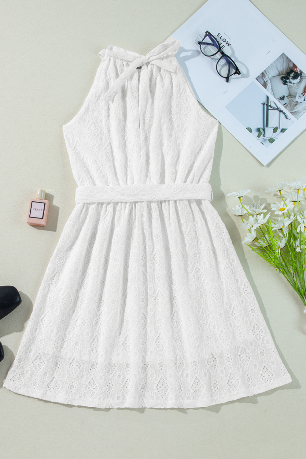 White Lace Sleeveless Knot Hollow Out Back Tied Waist Mini Dress - loveforevers