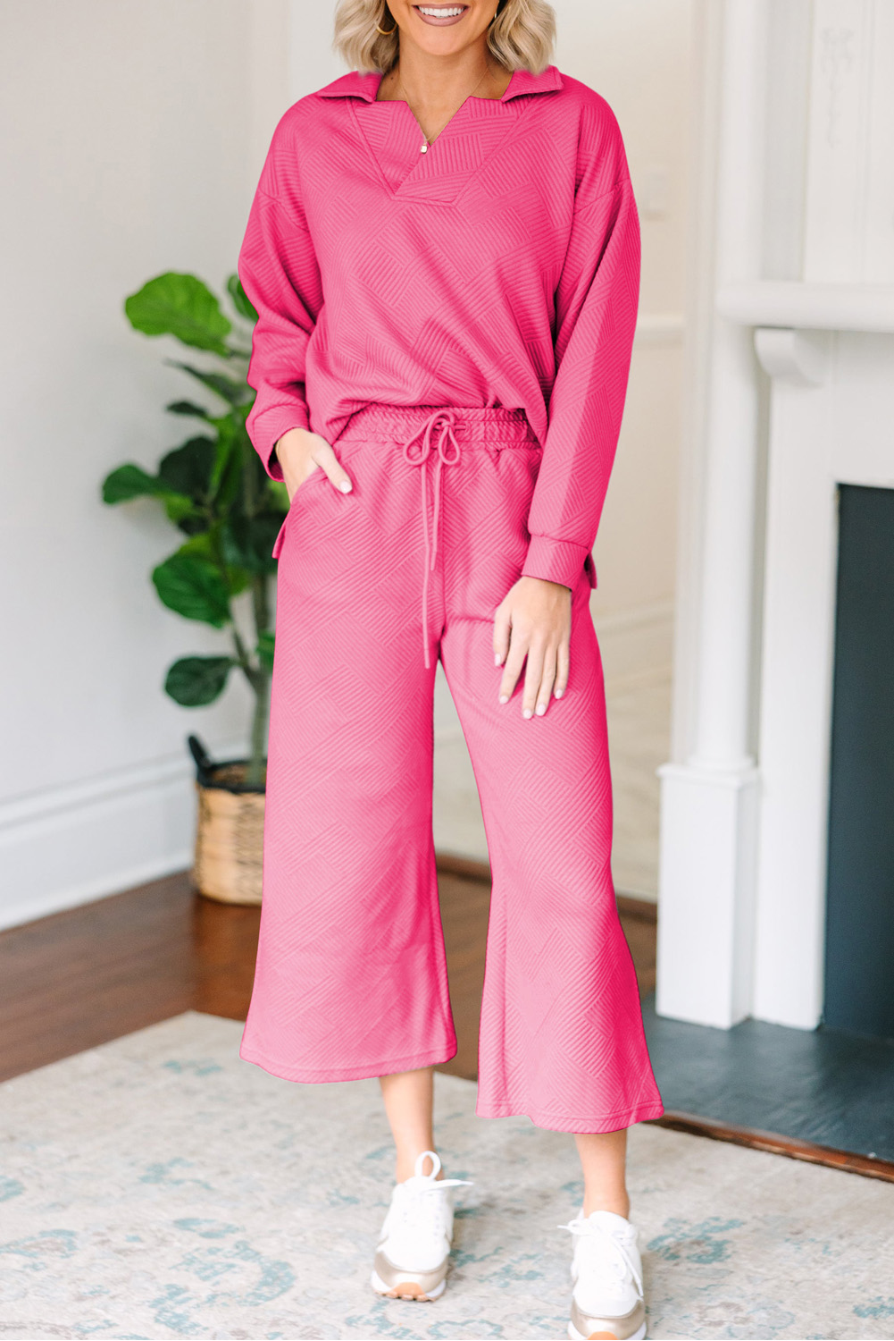 Sail Blue Solid Textured Collared V Neck Top and Wide Leg Pants Set - loveforevers