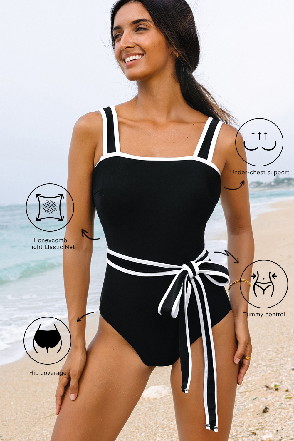 Black Colorblock Edge Belted One Piece Swimsuit - loveforevers