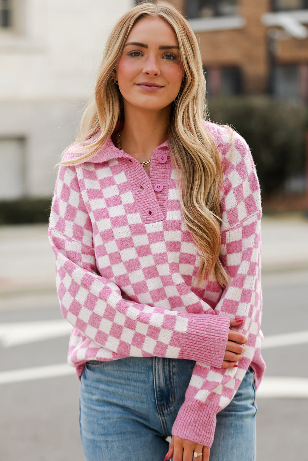Pink Checkered Buttons Collar V Neck Drop Shoulder Sweater - loveforevers