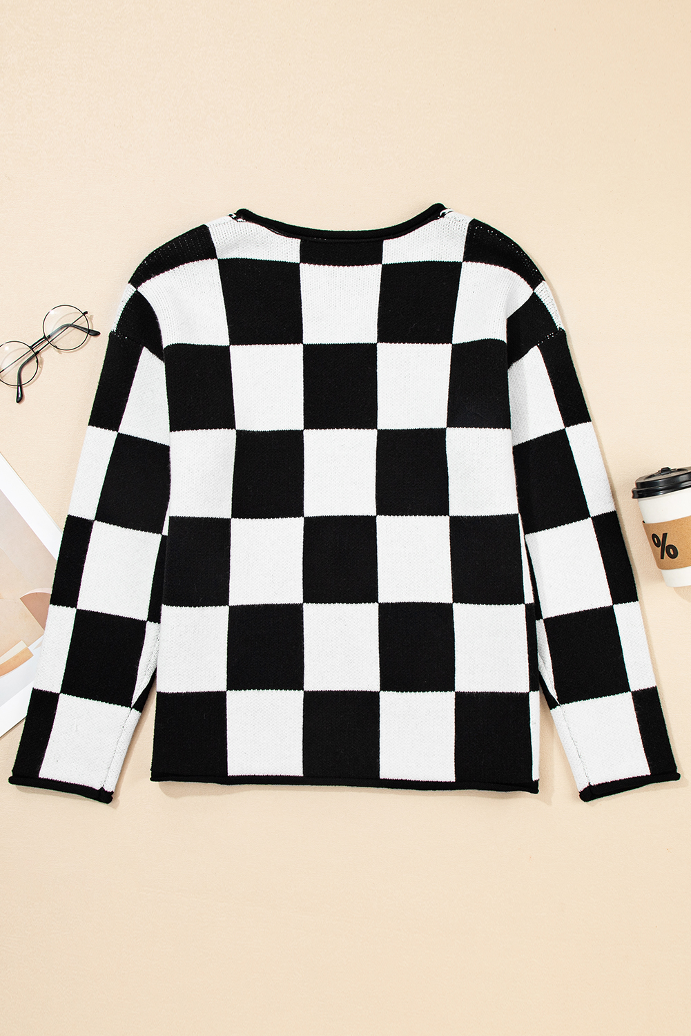 Black Checked Notched Neckline Drop Shoulder Knit Sweater - loveforevers