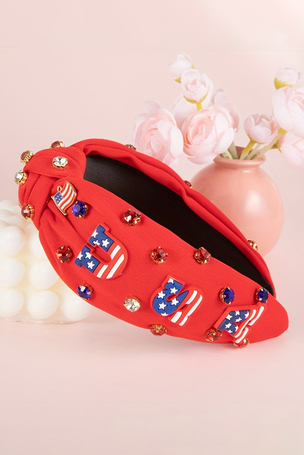Fiery Red USA Flag Gemstone Decor Knotted Wide Headband - loveforevers
