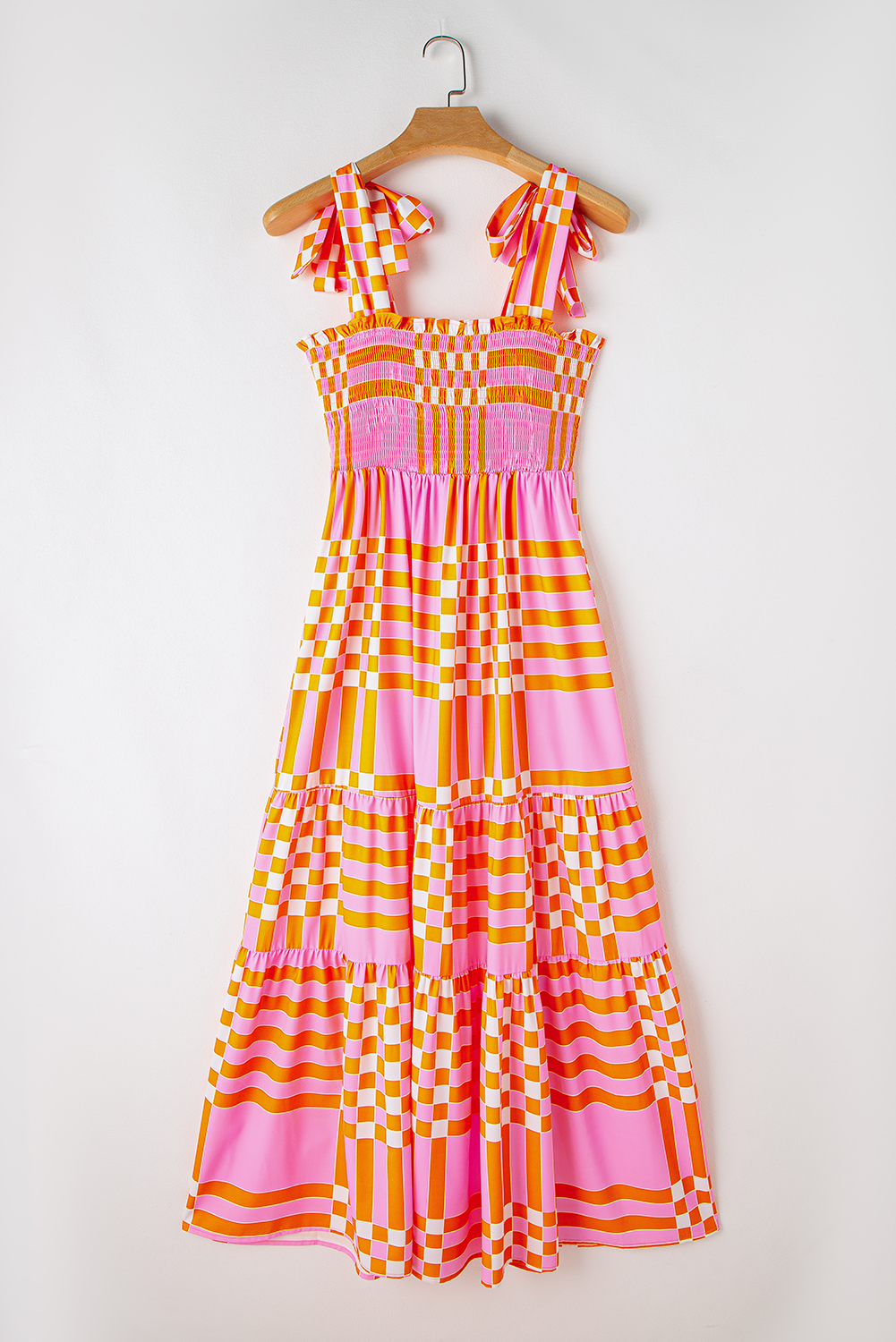 Pink Boho Gingham Tied Straps Smocked Maxi Dress - loveforevers