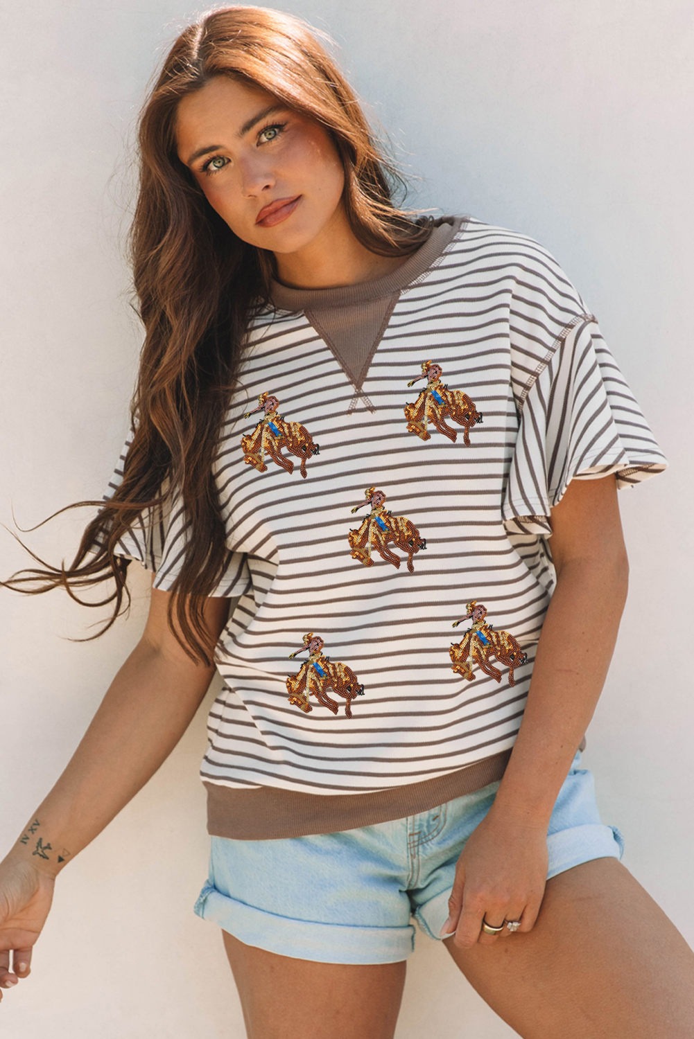 Parchment Sequin Rodeo Patch Pattern Striped Ruffled Sleeve Summer Top - loveforevers