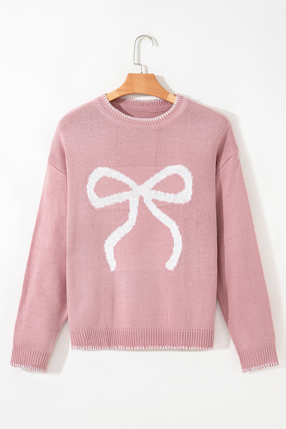 White Bow Pattern Contrast Trim Christmas Loose Graphic Sweater - loveforevers