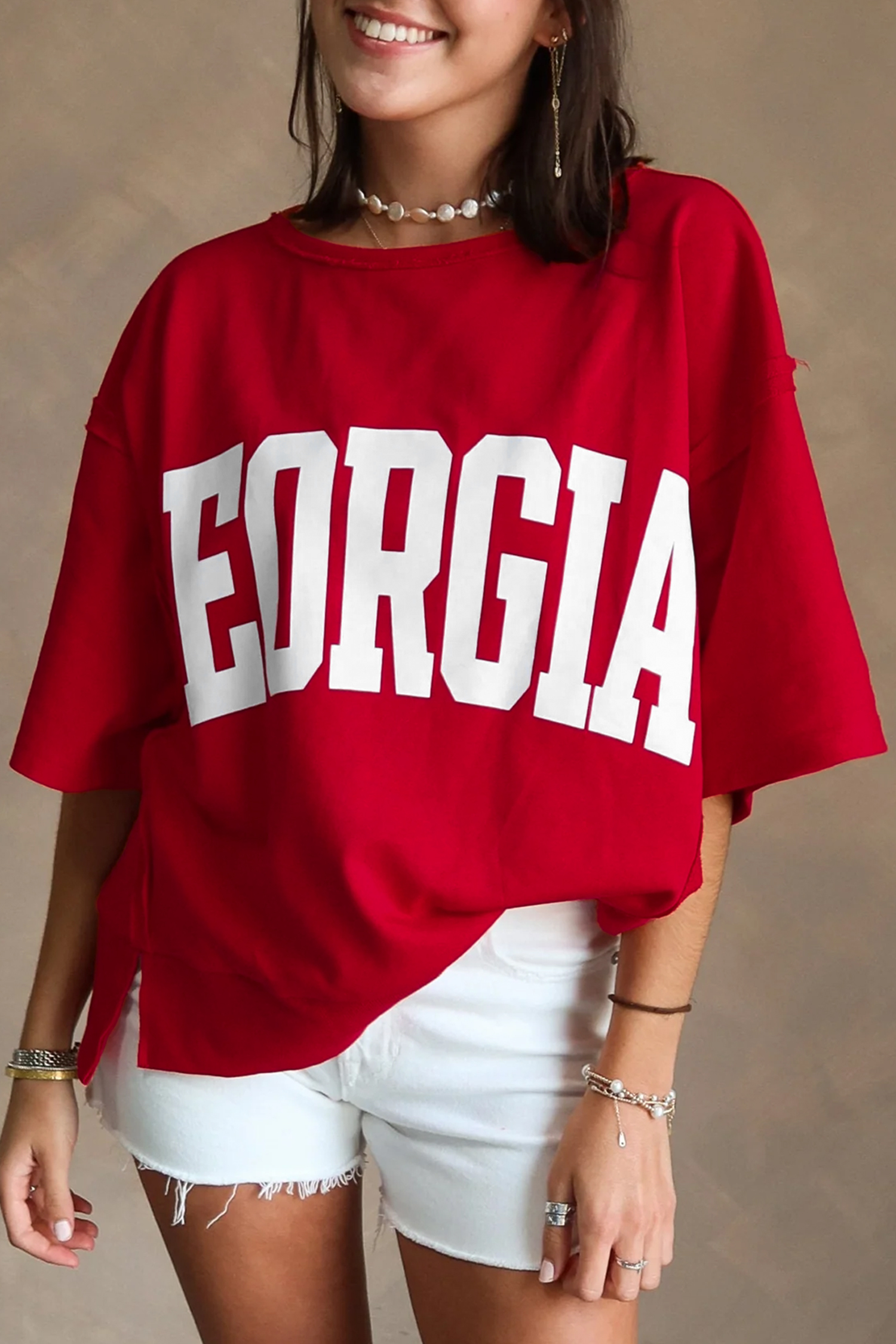 Racing Red GEORGIE Letter Printed Raw Seam Drop Shoulder Loose Tee - loveforevers