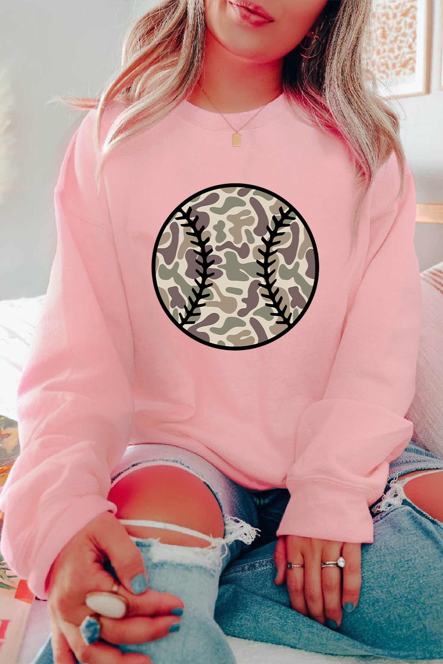 Pink Camouflage Baseball Dropped Shoulder Sweatshirt - loveforevers