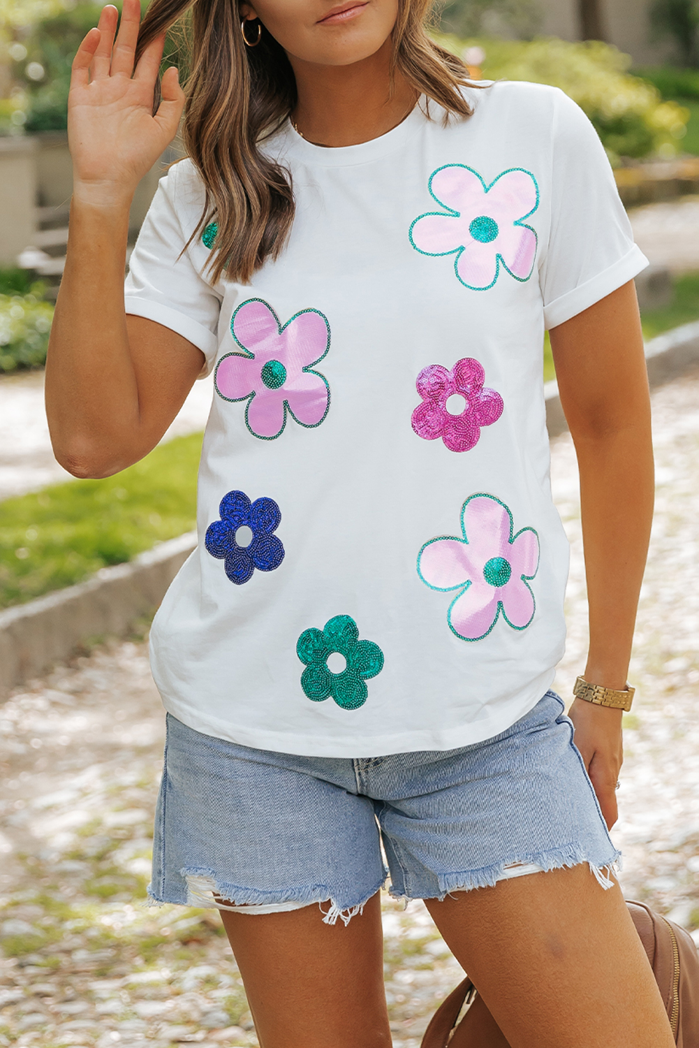 White Sequined Flower Pattern Round Neck T Shirt - loveforevers