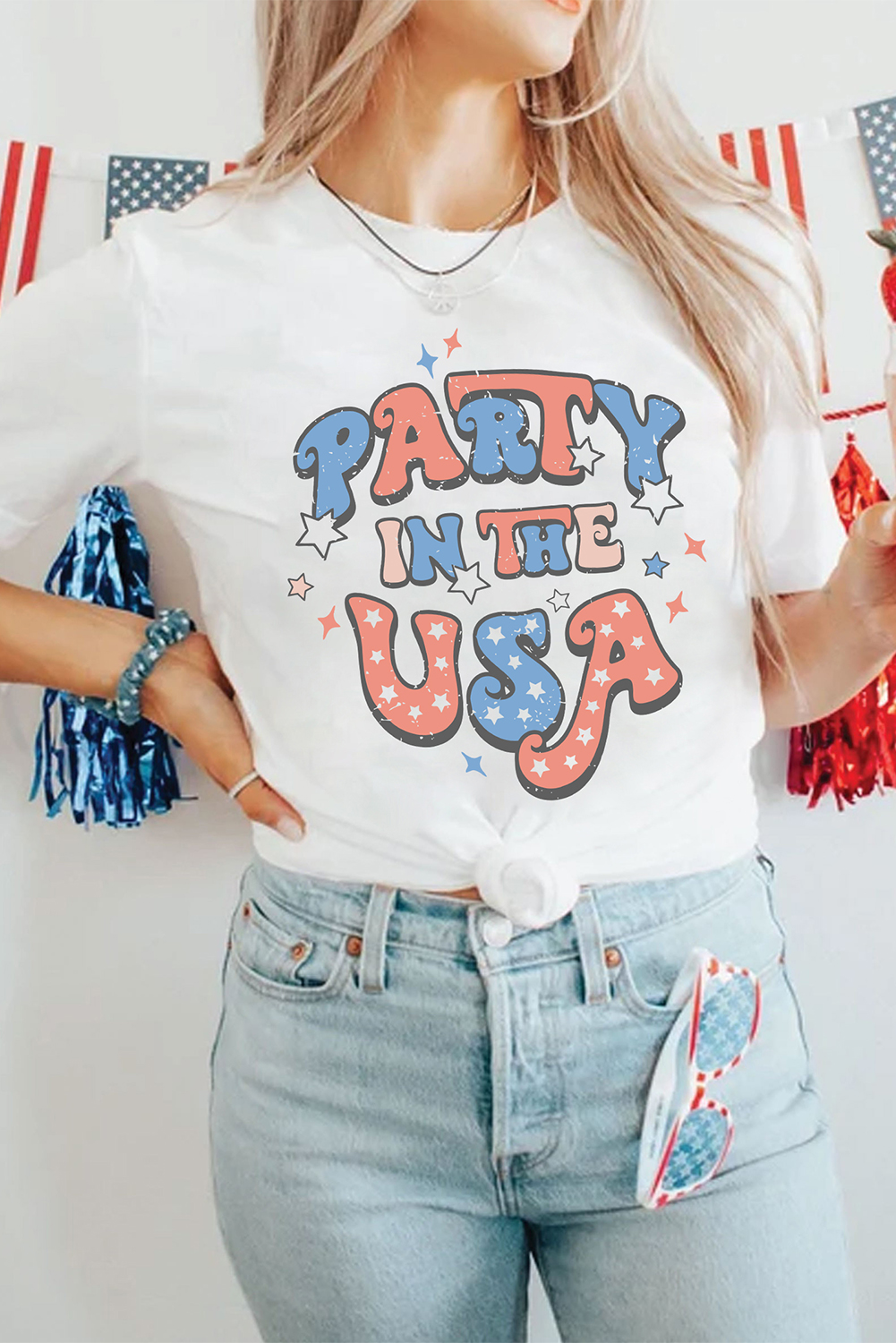 White PARTY IN THE USA Flag Fashion Graphic Tee - loveforevers
