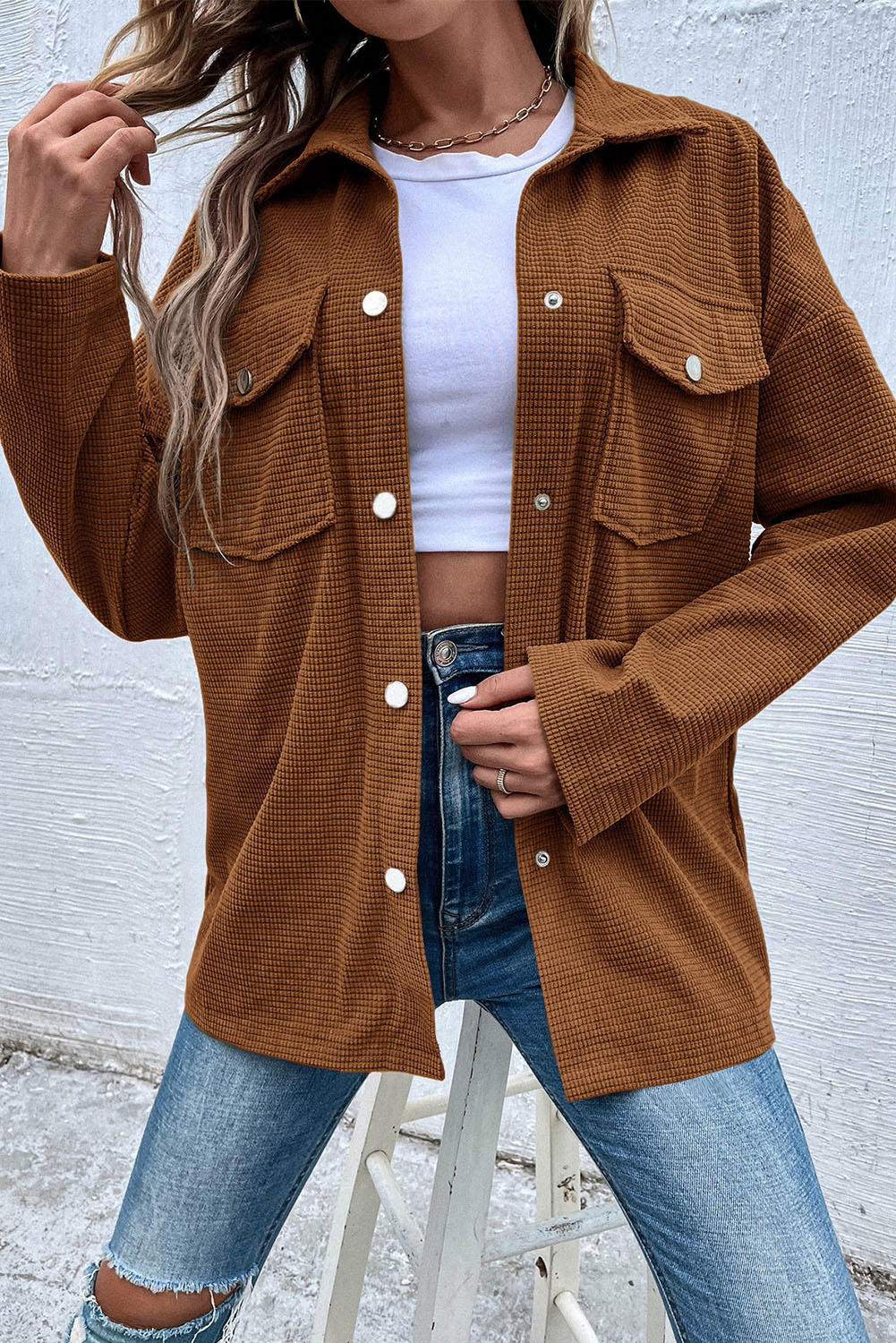 Brown Textured Flap Pocket Drop Shoulder Shacket - loveforevers